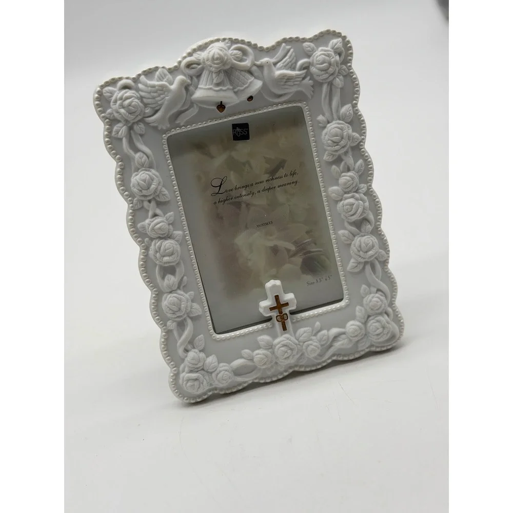 Vintage Russ Berrie White Porcelain Wedding Frame Roses Doves Cross 3.5x5 14389